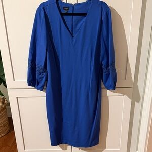Talbots Royal Blue V-Neck Midi Dress with Embroidered Puff Sleeves